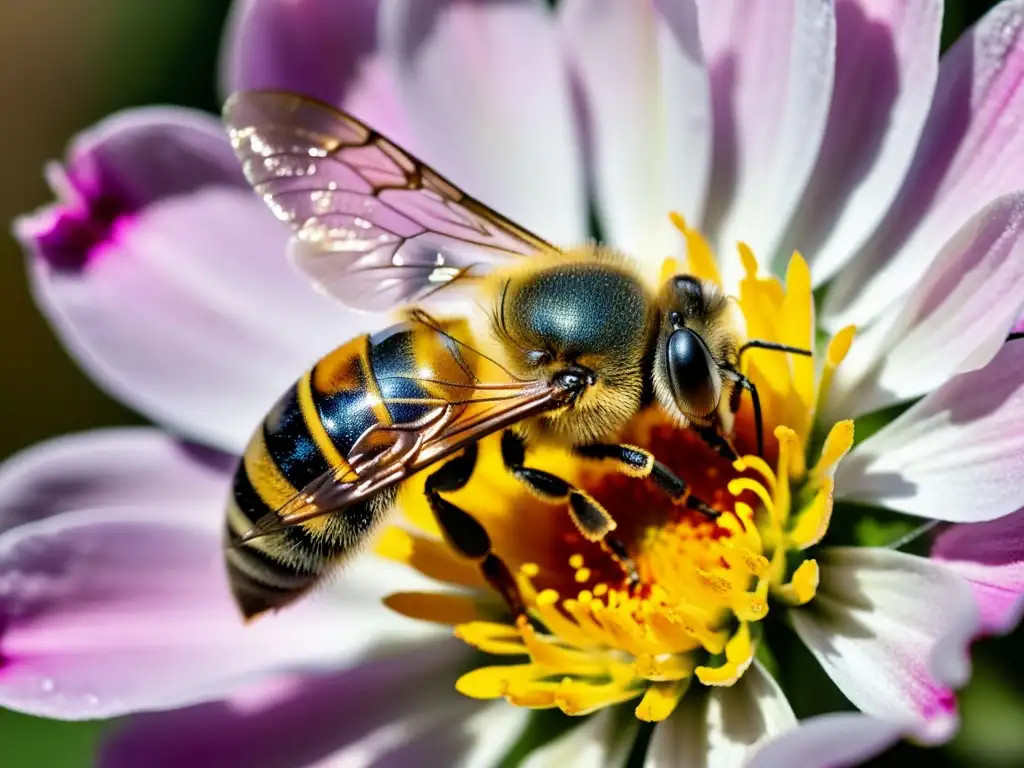 Una abeja cubierta de polen amarillo vibrante, revoloteando sobre una delicada flor rosa