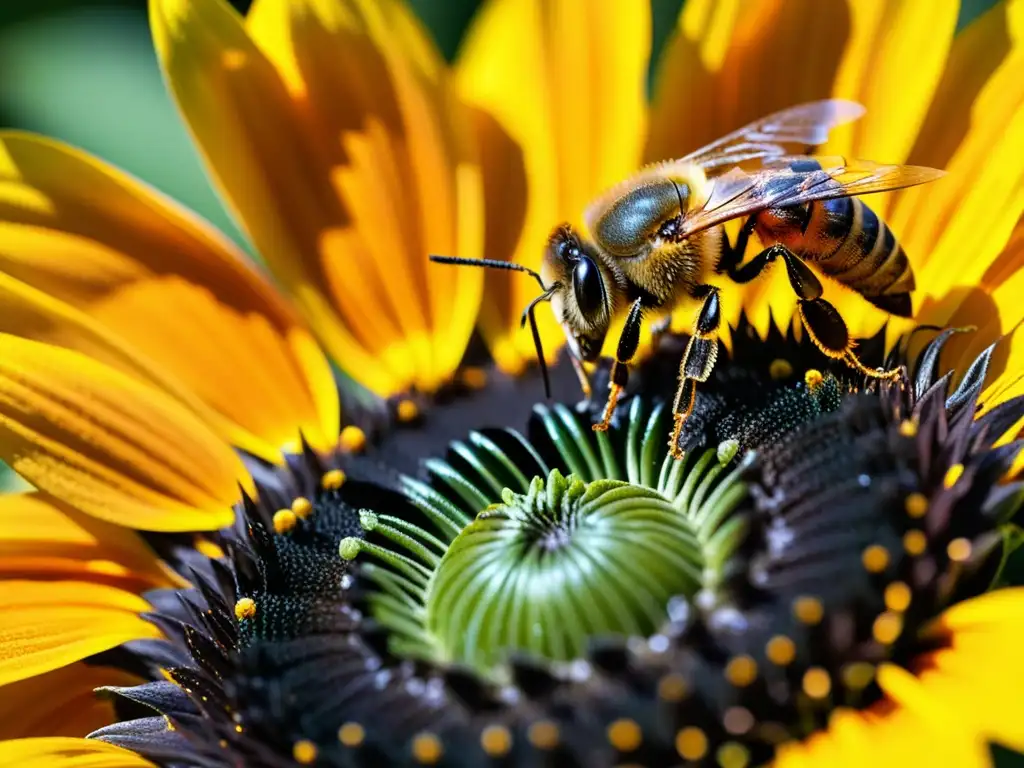 Una abeja cubierta de polen amarillo vibrante recoge néctar de un girasol naranja, demostrando la importancia de la abeja en el reciclaje polínico
