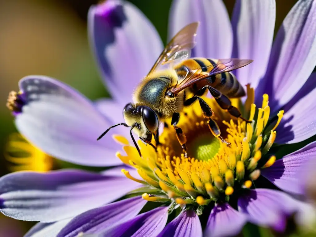 Una abeja cubierta de polen amarillo descansa en una flor morada