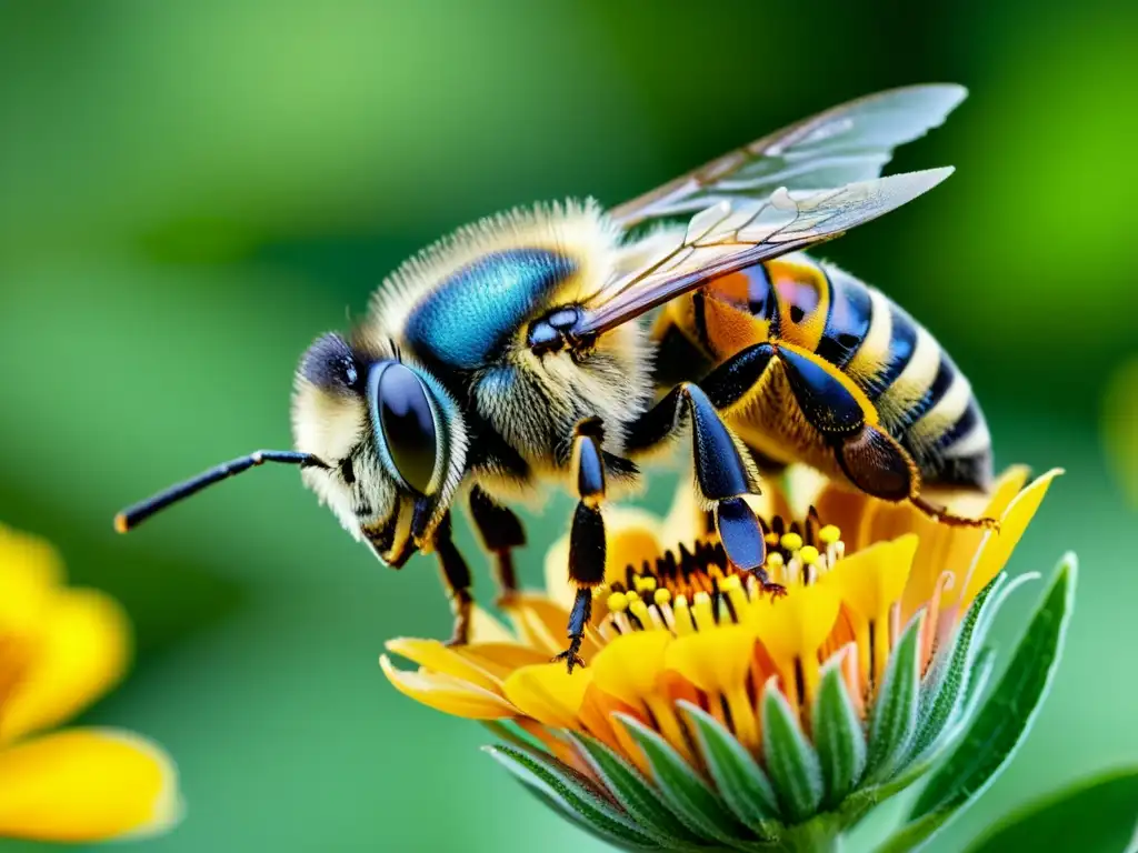 Una abeja cubierta de polen amarillo bebe néctar en una flor, con un ecosistema vibrante de plantas al fondo