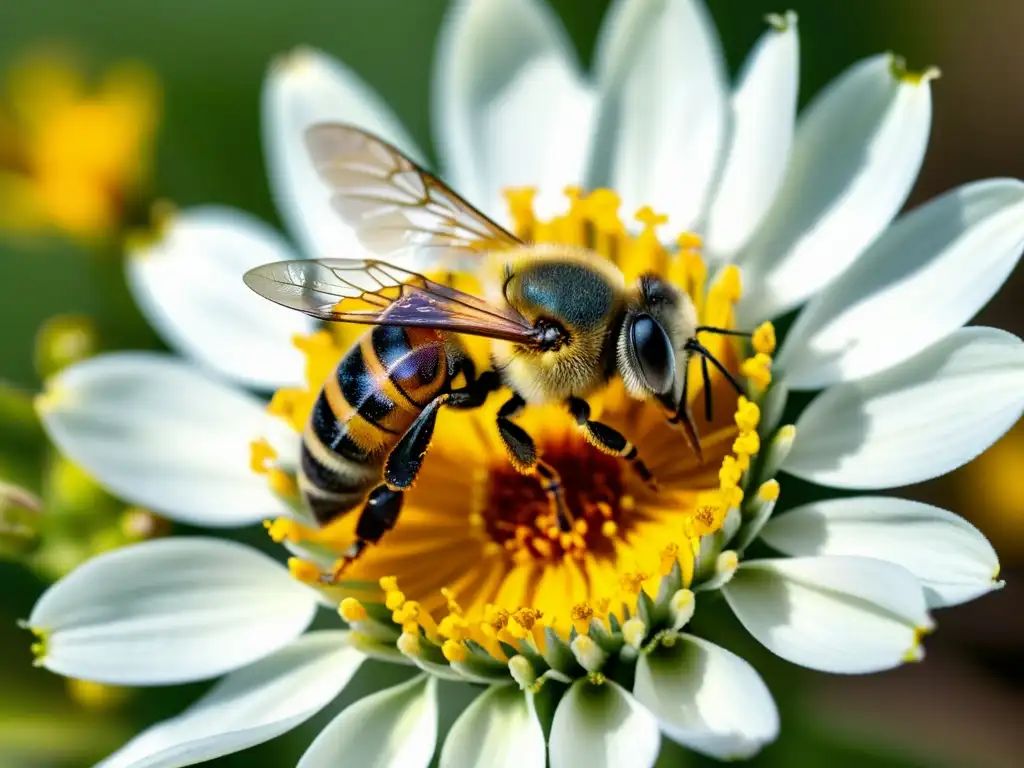 Una abeja cubierta de polen amarillo vibrante se equilibra delicadamente en el estambre de una colorida flor silvestre