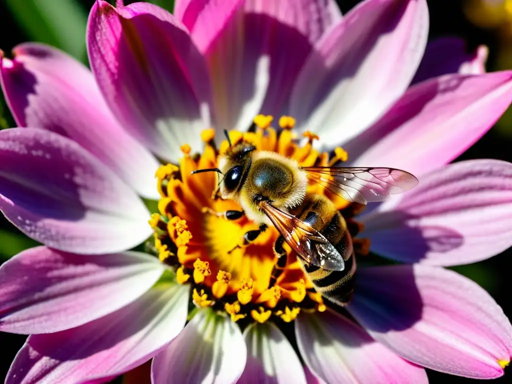 Una abeja melífera cubierta de polen amarillo sobre una flor rosa, resaltando la importancia de abejas en polinización