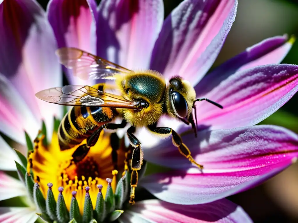 Una abeja cubierta de polen amarillo se posa sobre una flor rosa