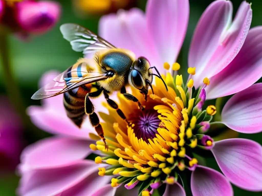 Una abeja cubierta de polen amarillo en una delicada flor rosada, resaltando la importancia de la polinización por insectos