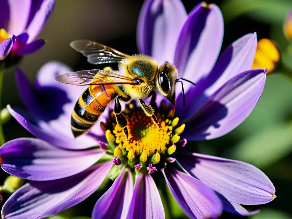 Una abeja cubierta de polen amarillo vibrante descansa en una flor morada, resaltando la importancia polinizadores ecosistemas globales