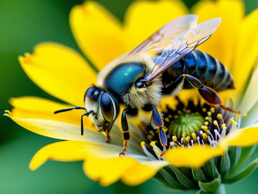 Una abeja cubierta de polen amarillo en una flor, destaca la importancia del ciclo vital de las abejas en la colmena