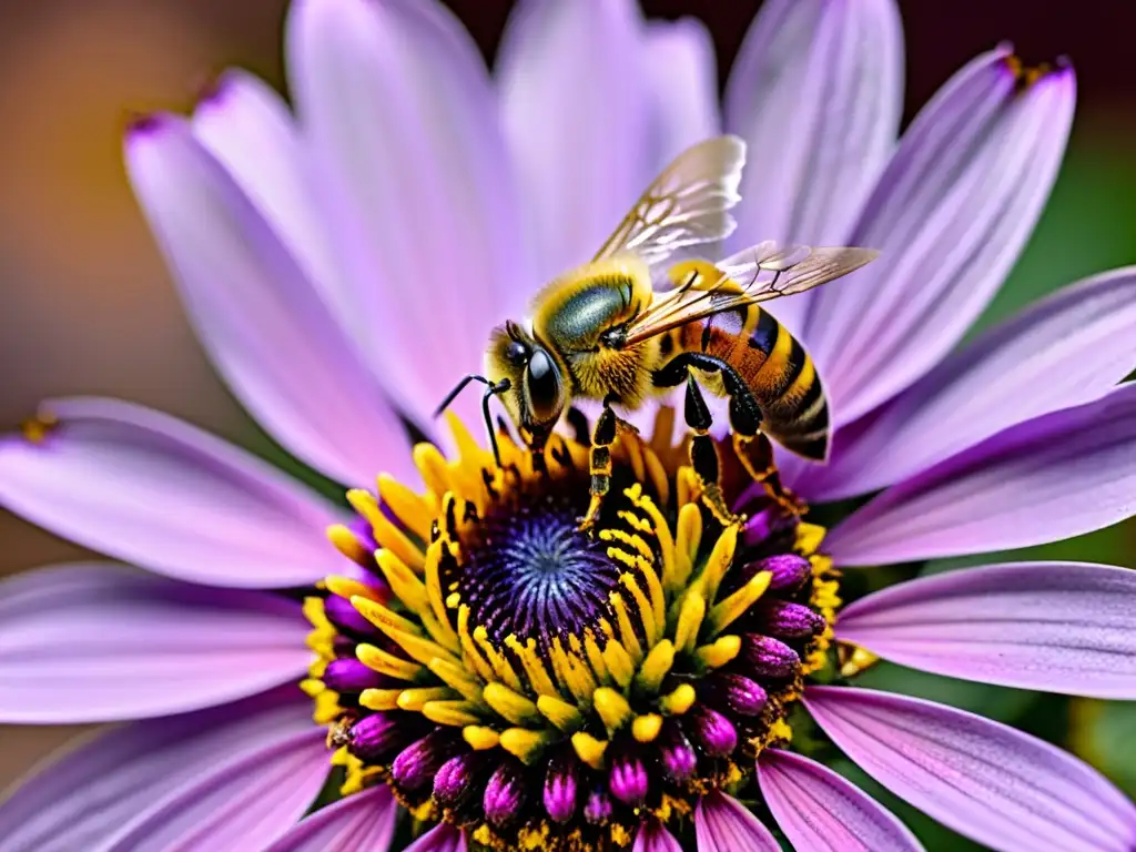 Una abeja cubierta de polen amarillo posada en una flor morada, resalta la importancia polinizadores ecosistemas globales