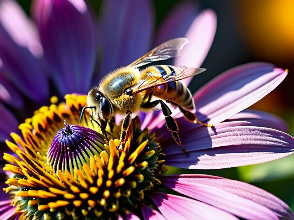 Una abeja cubierta de polen amarillo en una flor morada