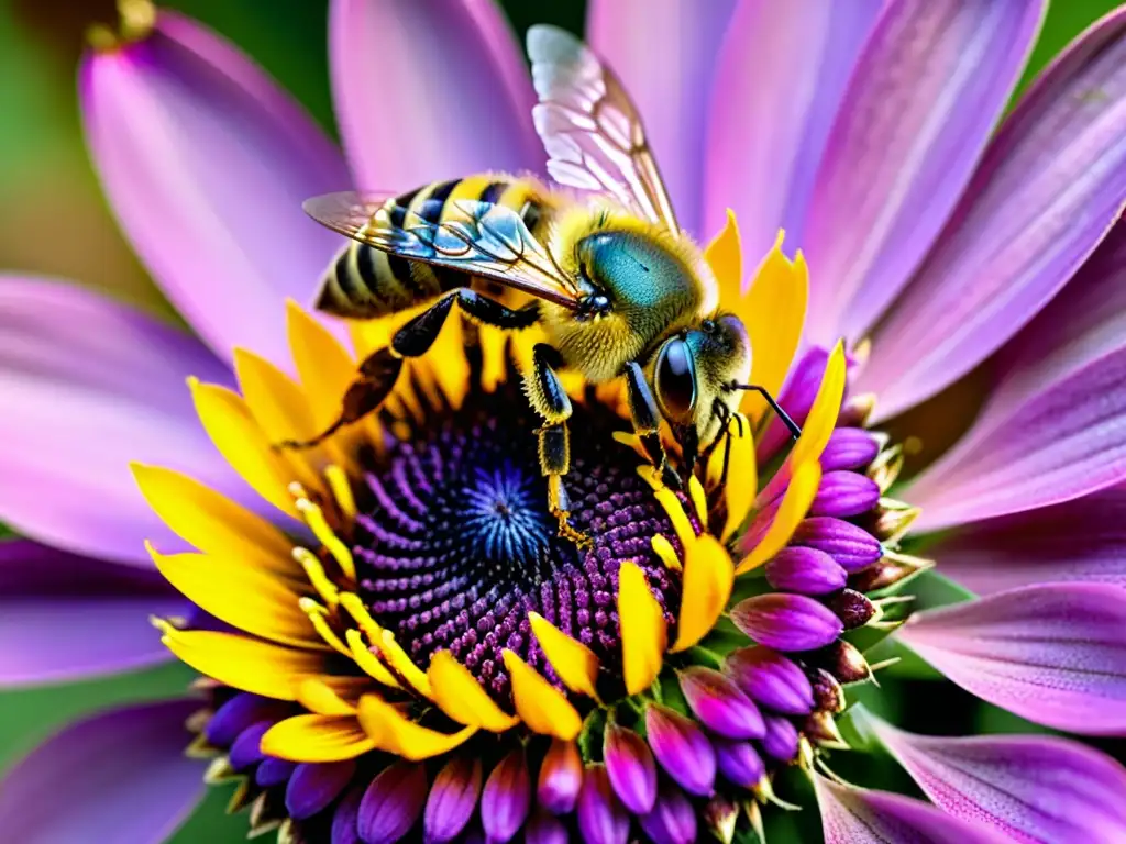 Una abeja cubierta de polen amarillo sobre una flor morada, iluminada por la suave luz del sol