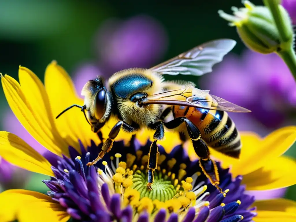 Una abeja cubierta de polen amarillo vibrante descansa sobre una flor colorida, resaltando la importancia de las técnicas sostenibles para proteger abejas en el ecosistema