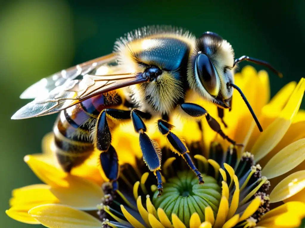 Una abeja cubierta de polen amarillo brillante, con detalles detallados de los granos que se adhieren a su cuerpo peludo