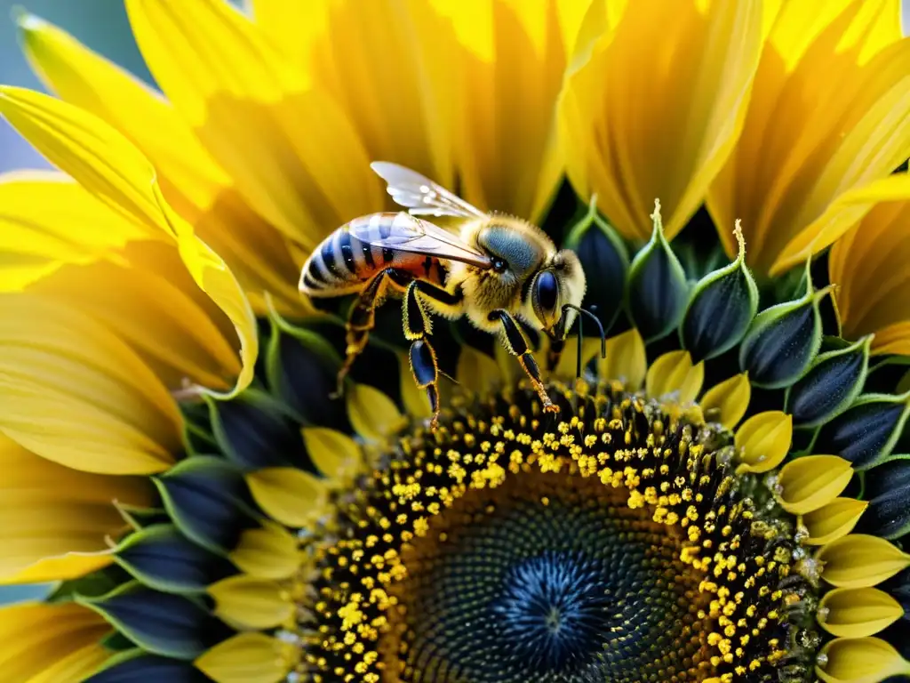 Una abeja cubierta de polen en el centro de un girasol vibrante