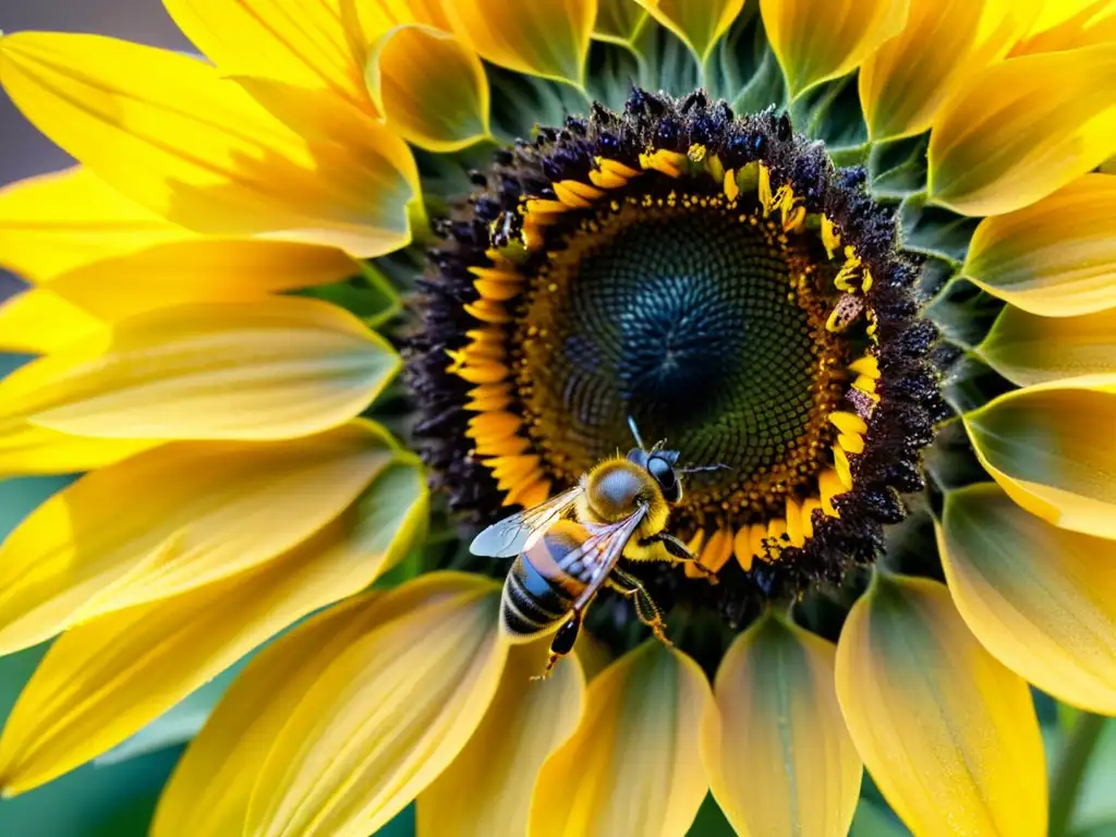 Una abeja cubierta de polen en el centro de una flor de girasol, resalta la importancia de la polinización de insectos en los cultivos