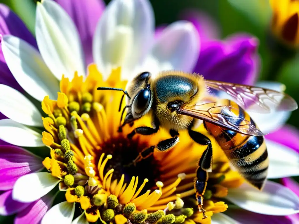 Una abeja cubierta de polen se posa delicadamente en el centro colorido de una flor, resaltando la importancia de la polinización por abejas