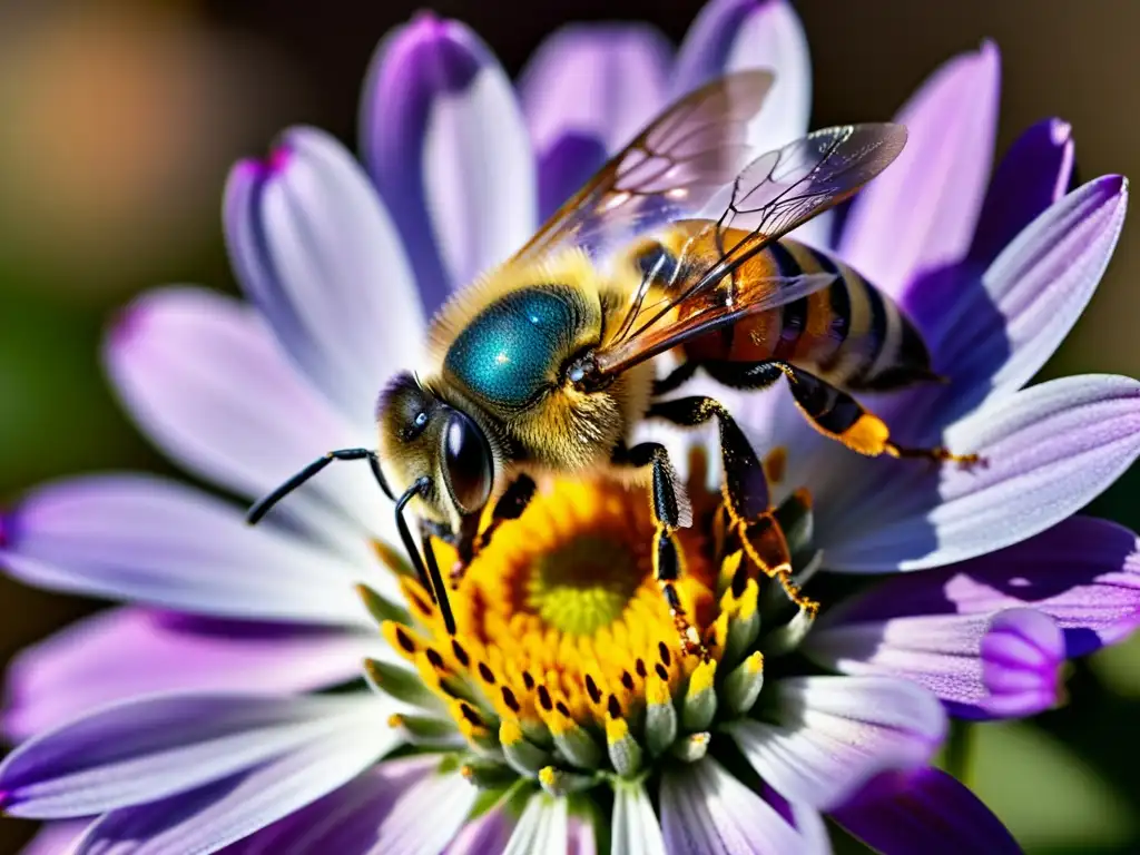 Una abeja cubierta de polen colecta néctar de una flor morada, resaltando la importancia de abejas en polinización