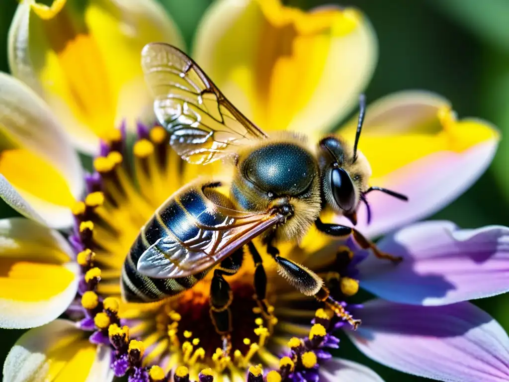 Una abeja cubierta de polen se posa en una colorida flor, mostrando la importancia de la polinización de los cultivos por los insectos