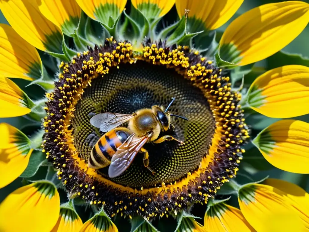 Una abeja cubierta de polen poliniza una colorida y brillante flor de girasol, destacando la importancia de la relación simbiótica insectos flores