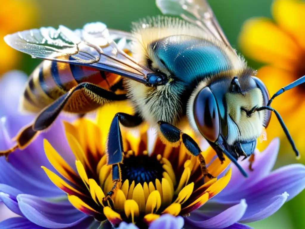 Una abeja cubierta de polen revolotea cerca de una colorida flor, con sus detalles ultra detallados capturando la belleza de los polinizadores