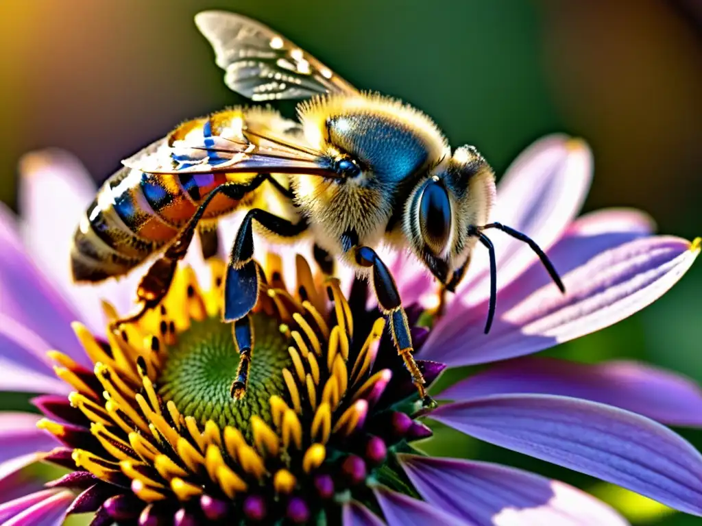 Una abeja cubierta de polen delicadamente libando néctar en un coneflower púrpura, resaltando la importancia de las abejas en el control de plagas