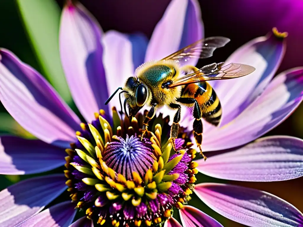 Una abeja cubierta de polen revolotea sobre una coneflower morada, destacando la importancia de los polinizadores en diferentes variedades de plantas