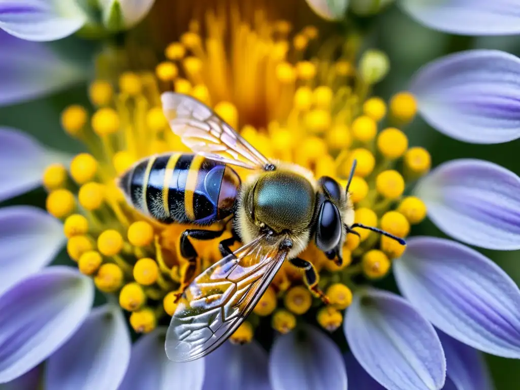 Una abeja cubierta de polen, detallada y vibrante, muestra la importancia de los insectos en ecología mientras liba néctar de una delicada flor