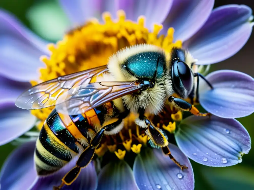 Una abeja cubierta de polen, con detalles intrincados de las partículas de polen, libando de una flor vibrante