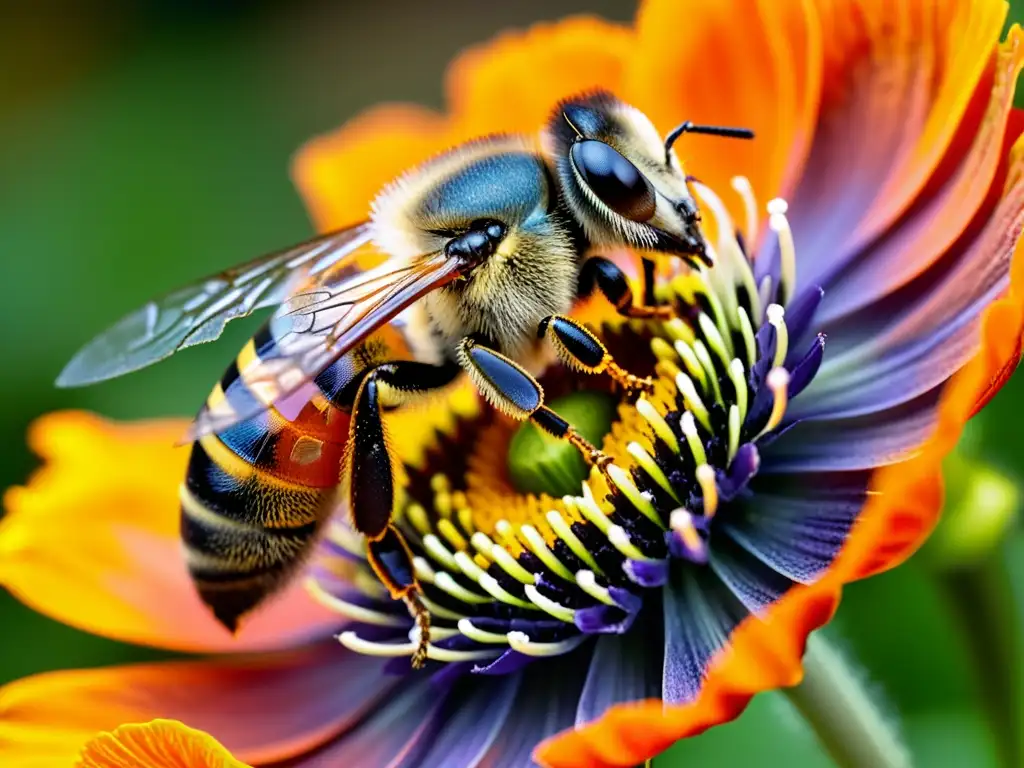 Una abeja cubierta de polen dorado sobre una flor de amapola naranja