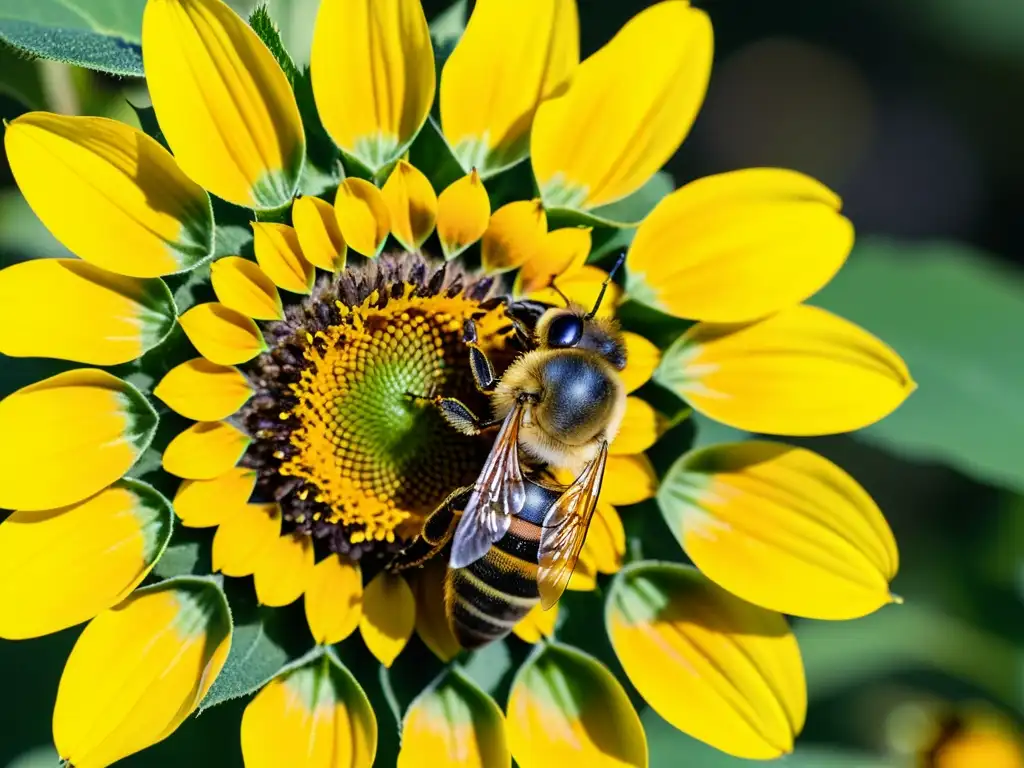 Una abeja cubierta de polen dorado se posa sobre un girasol, resaltando la importancia de los insectos en agricultura