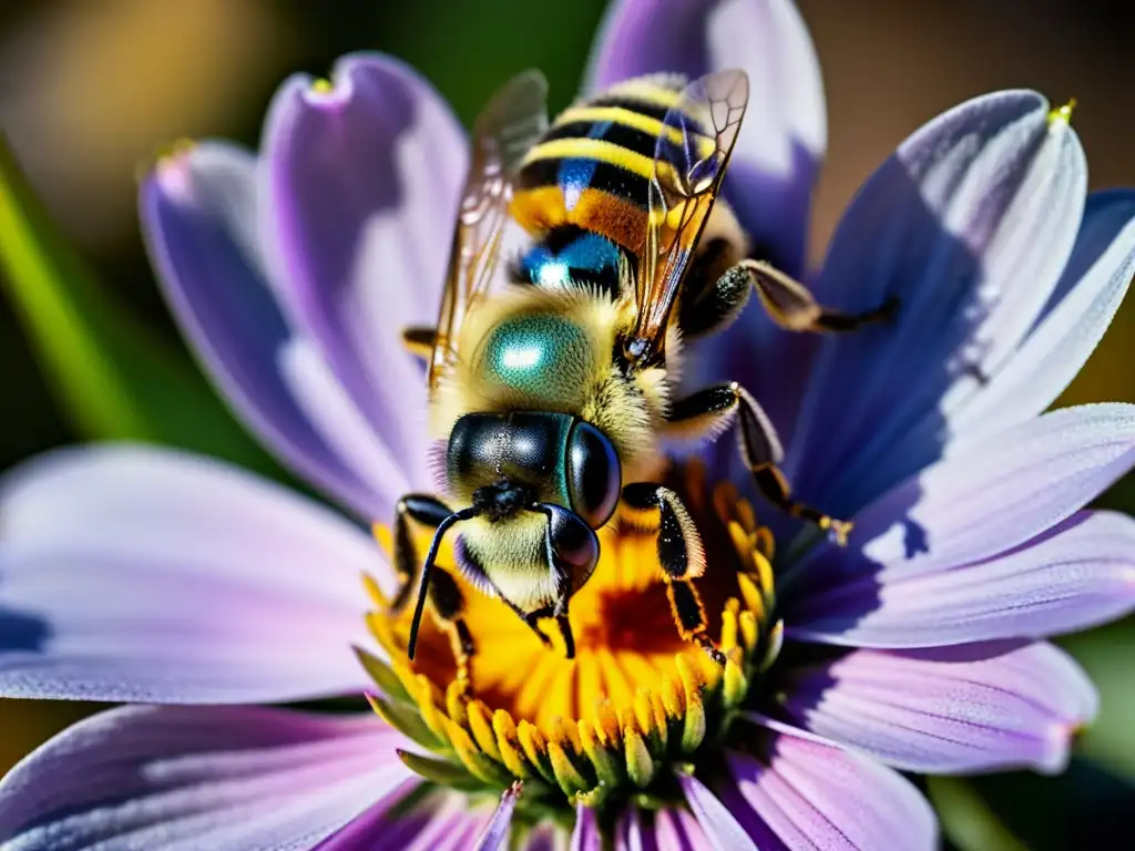 Una abeja cubierta de polen descansa en el estambre de una hermosa flor, resaltando la importancia de los insectos polinizadores