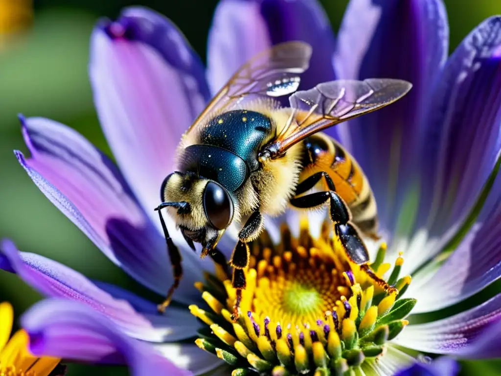 Una abeja cubierta de polen se eleva sobre una flor morada vibrante en un ecosistema diverso