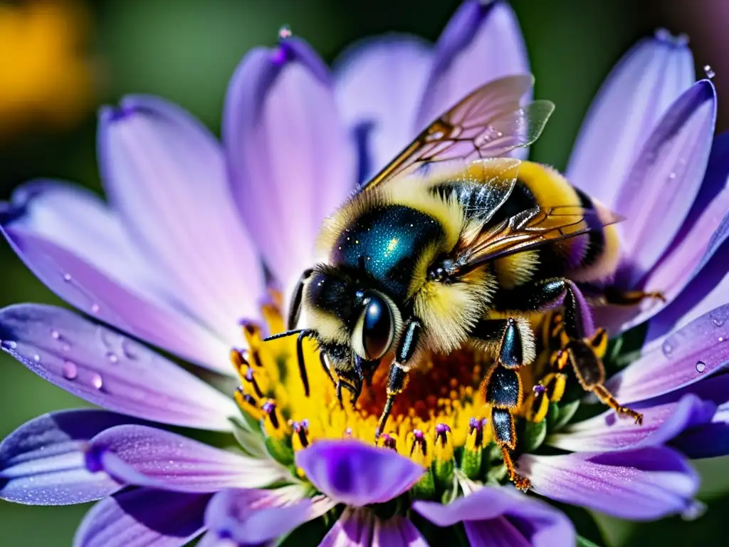 Una abeja cubierta de polen revolotea sobre una flor morada, resaltando la importancia de los insectos en polinización