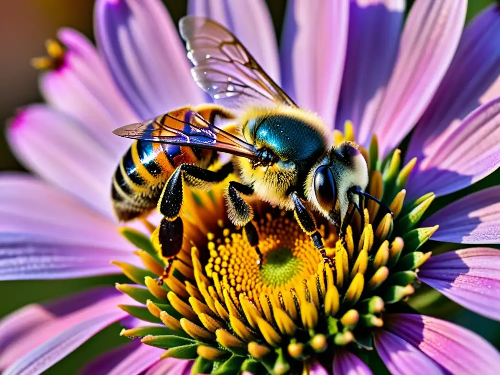 Una abeja cubierta de polen sobre una flor morada, resaltando la importancia de los insectos polinizadores en la naturaleza