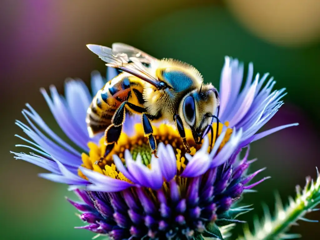 Una abeja cubierta de polen revolotea sobre una flor morada