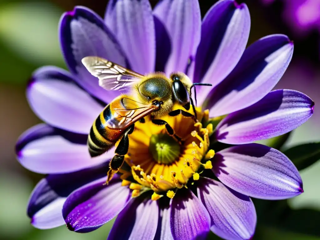 Una abeja cubierta de polen sobre una flor morada, resaltando la importancia de los insectos en ciclos biogeoquímicos