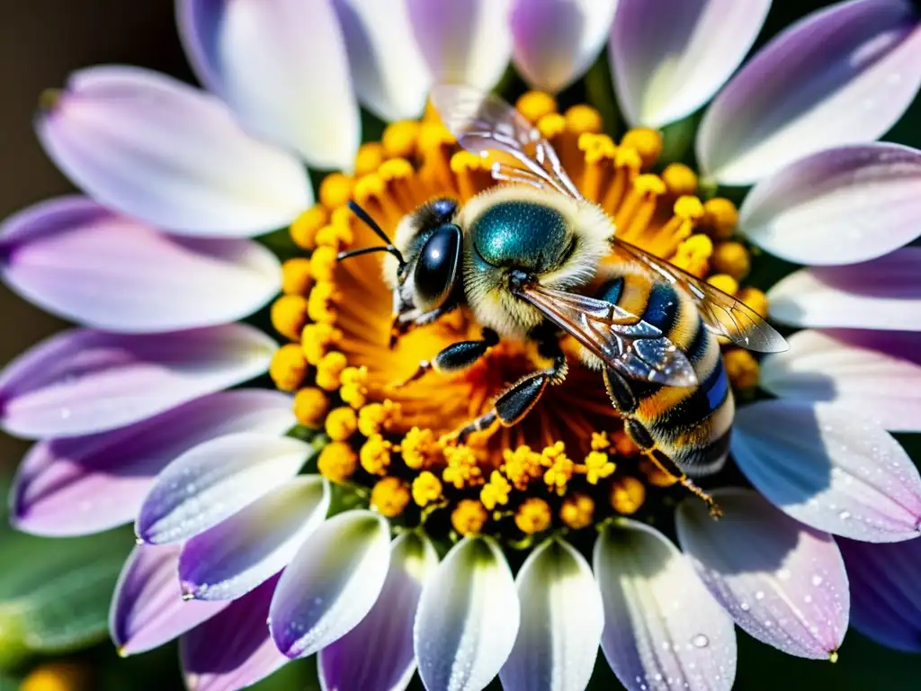 Una abeja cubierta de polen revolotea sobre una flor vibrante, destacando la importancia de la coevolución entre plantas e insectos en los ecosistemas