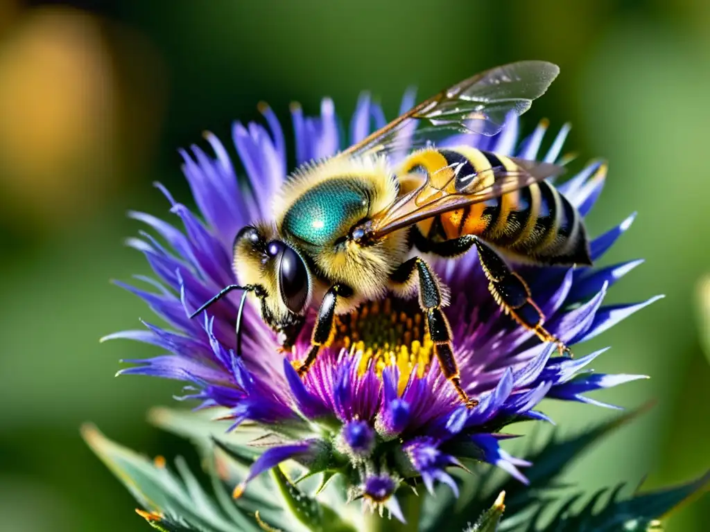 Una abeja cubierta de polen se posa en una flor de cardo púrpura, mostrando la importancia ecológica de los insectos en su entorno natural