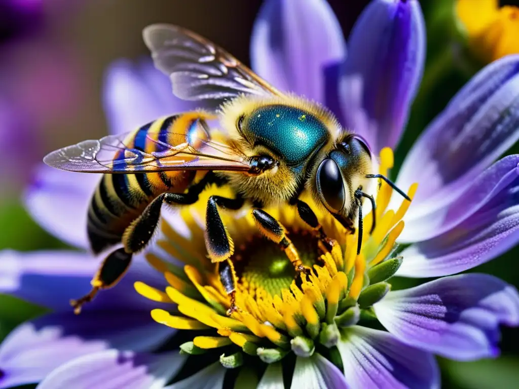 Una abeja cubierta de polen cerca de una flor morada, resaltando la importancia de los insectos polinizadores en la naturaleza