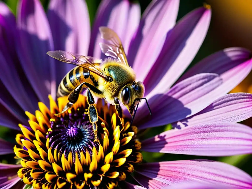 Una abeja cubierta de polen sobre una flor morada destaca la importancia de los insectos polinizadores en la naturaleza