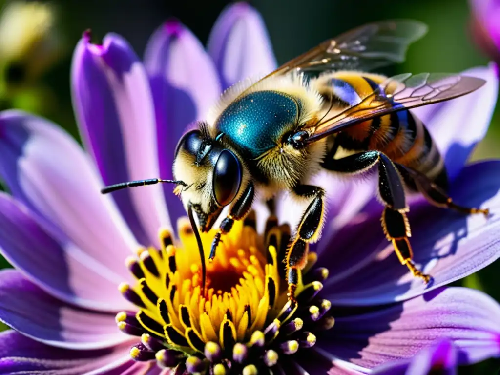 Una abeja cubierta de polen recolectando néctar de una flor morada, resaltando la importancia de los insectos en ecología