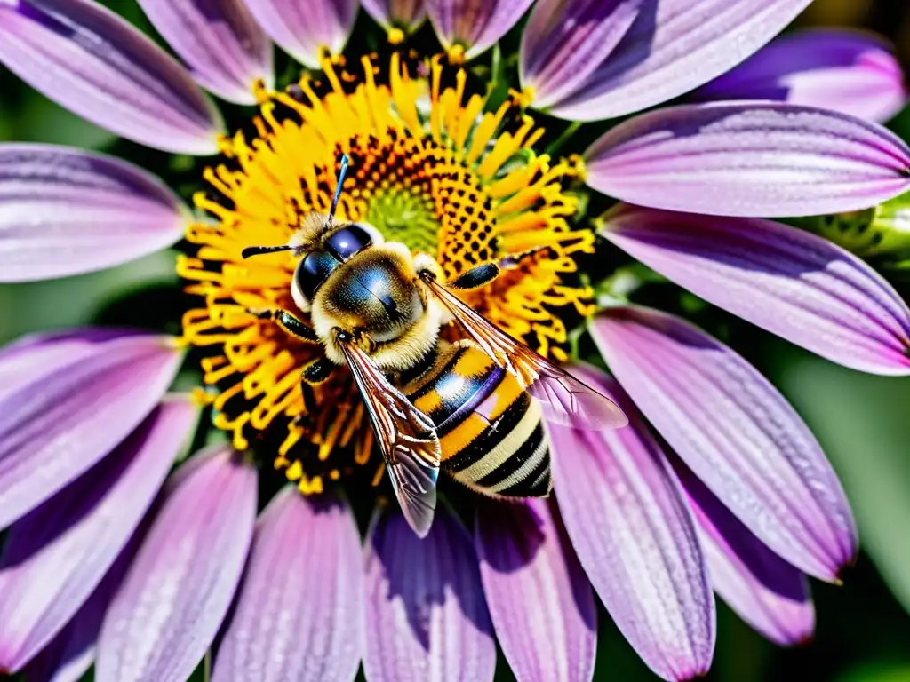 Una abeja cubierta de polen sobre una flor púrpura, mostrando la influencia de las abejas en biodiversidad