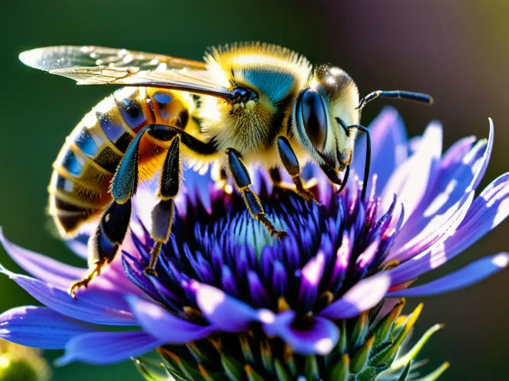 Una abeja cubierta de polen en una flor morada, resaltando la importancia de los insectos polinizadores