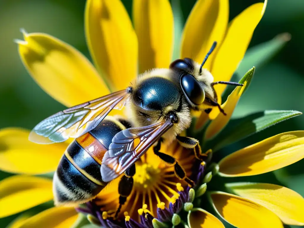 Una abeja cubierta de polen revolotea sobre una flor, mostrando la dispersión de semillas por insectos en un ambiente cálido y dorado