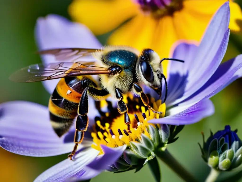 Una abeja cubierta de polen revolotea sobre una flor silvestre morada y amarilla