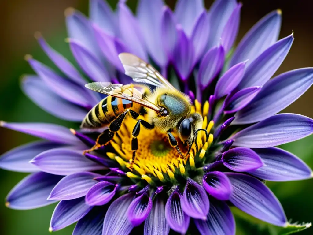 Una abeja cubierta de polen revolotea sobre una flor morada, destacando el manejo sostenible de colmenas apícolas en la polinización