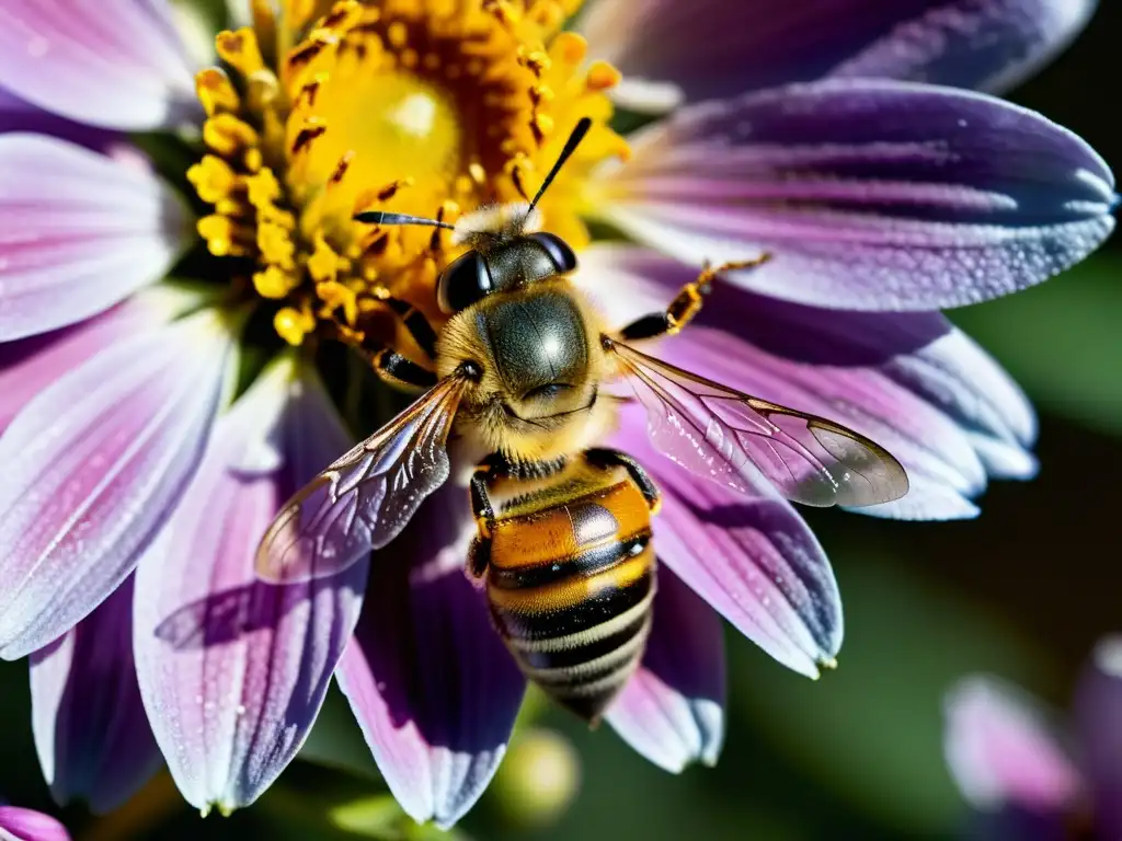 Una abeja cubierta de polen vuela hacia una flor vibrante