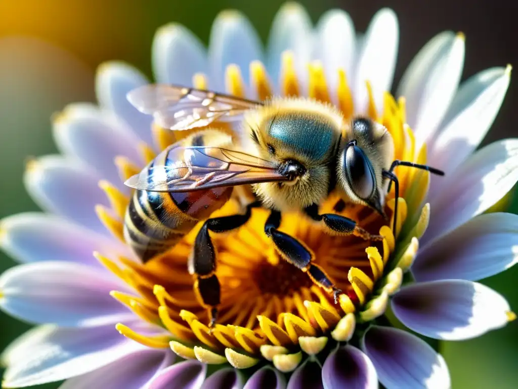 Una abeja cubierta de polen en una flor vibrante, resaltando la importancia de los insectos en polinización