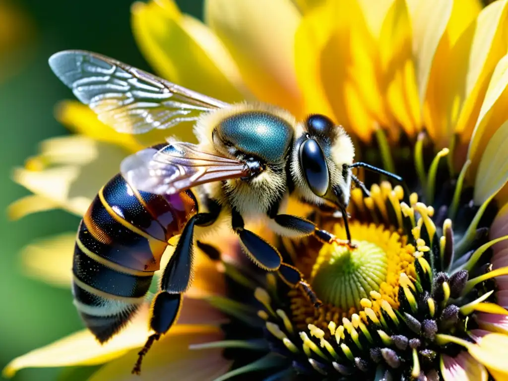 Una abeja cubierta de polen cerca de una flor vibrante