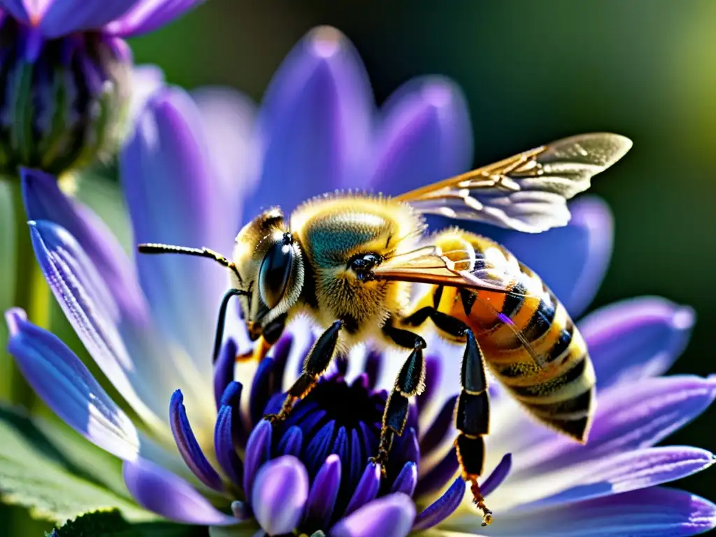 Una abeja cubierta de polen sobrevuela una flor de lavanda morada, resaltando la belleza de los polinizadores en la agricultura orgánica