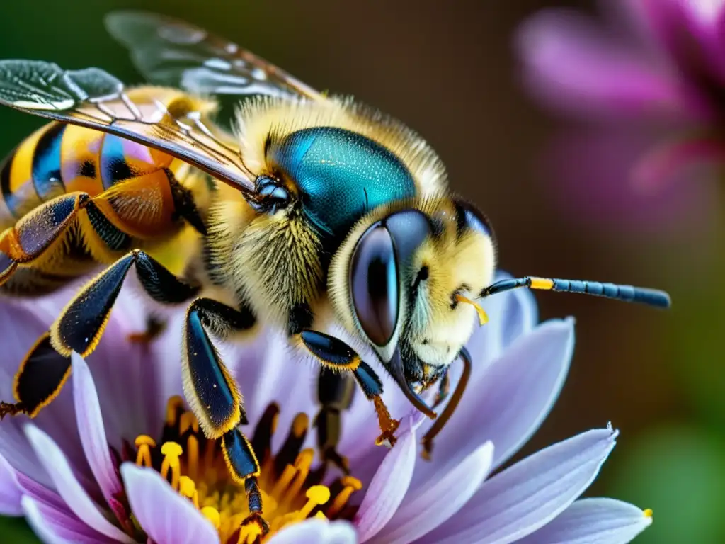 Una abeja cubierta de polen, recolectando néctar de una flor silvestre