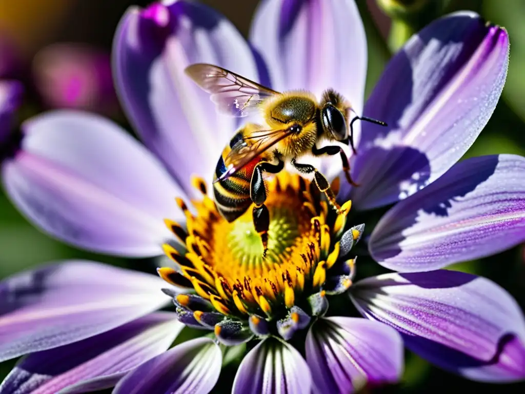 Una abeja cubierta de polen sobre una flor morada